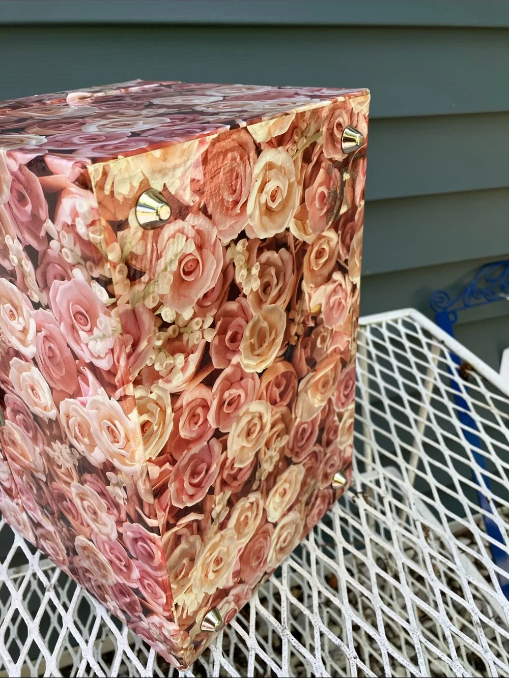 Pink Flowered Laminate Storage Box With Handle & Feet